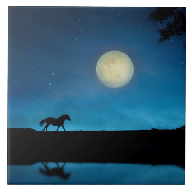 Söt Horse och Måne med Blå himmel Kakelplatta (Framsidan)