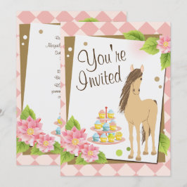 Söt Horse, Rosa Flowers och Muffinsar Födelsedag Inbjudningar