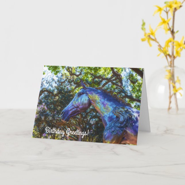 Söt Horse Statue in a Park Birthday Pun Card Kort (Gul blomma)