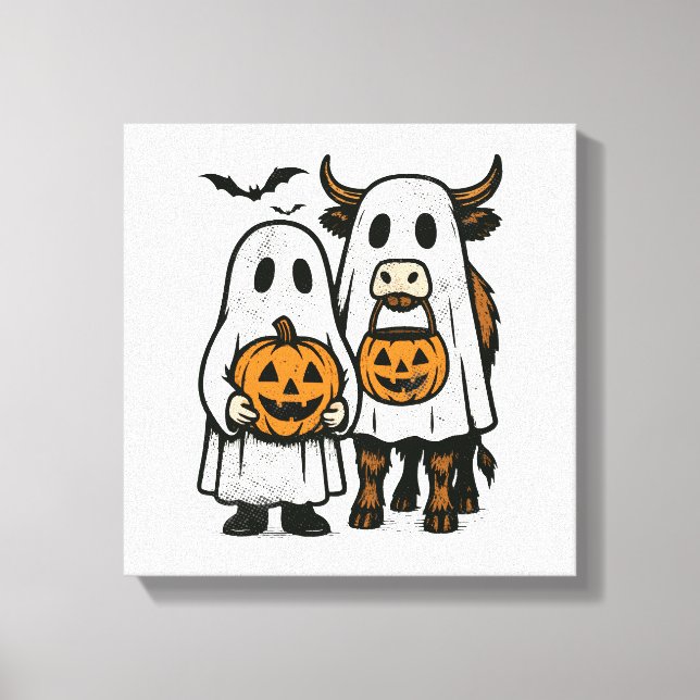 Söt höst Highland ko spöke Halloween 2 Canvastryck (Framsida)