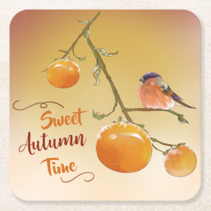 Söt höst Orange Persimmon Fruits & Bird Underlägg Papper Kvadrat