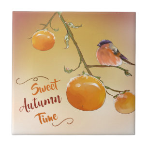 Söt höstcute Orange Persimmon Fruits & Bird Kakelplatta