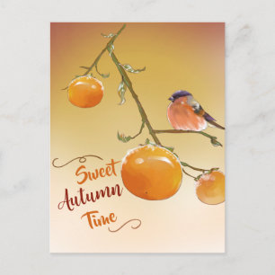 Söt höstcute Orange Persimmon Fruits & Bird Vykort