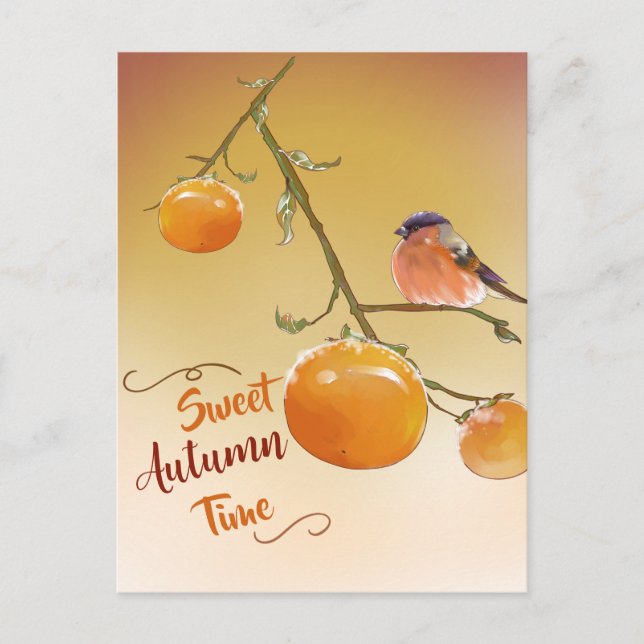 Söt höstcute Orange Persimmon Fruits & Bird Vykort (Framsida)
