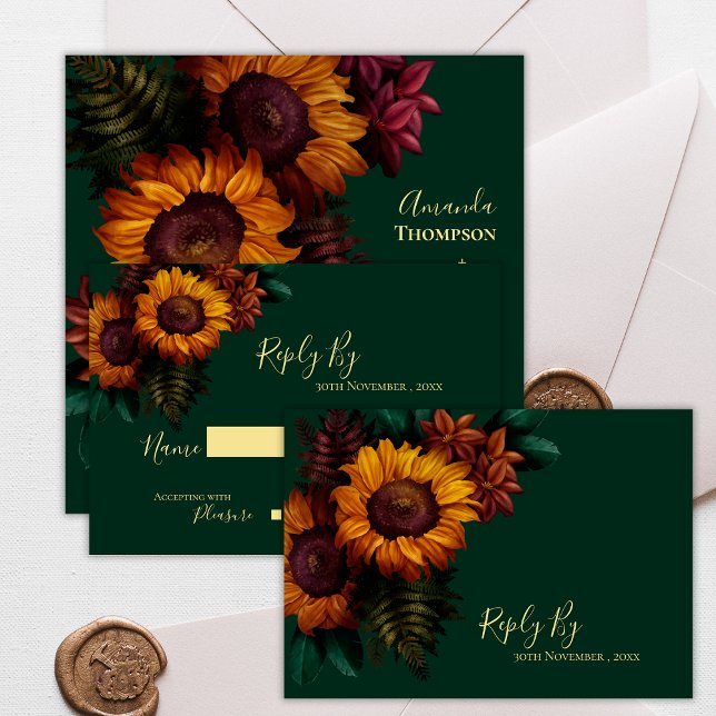 Söt Hösten Grönt Solrosblomma Rustic Fall Wedding OSA Kort (Pretty Autumn Green Sunflower Rustic Fall Wedding RSVP Card)