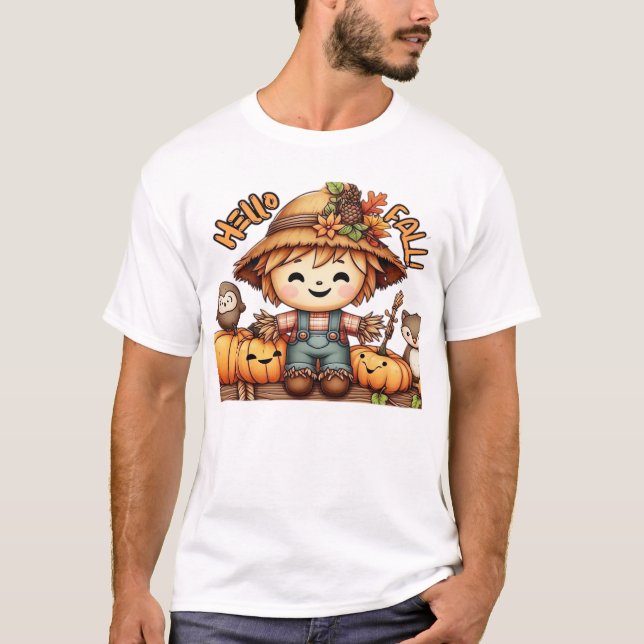 Söt höstfågelskrämma med pumpor överdimensionerad  t shirt (Framsida)