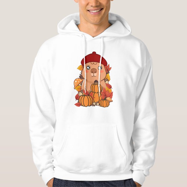 Söt höstkapybara med pumpor och röd baret hoodie (Framsida)