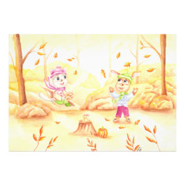 Söt höstpromenad i skogen fototryck