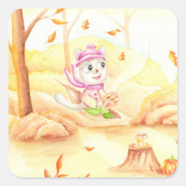 Söt höstpromenad i skogen fyrkantigt klistermärke