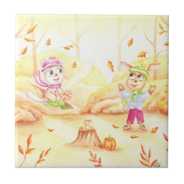 Söt höstpromenad i skogen kakelplatta (Framsidan)