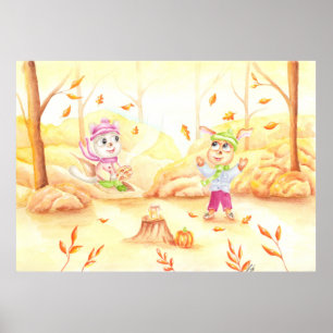 Söt höstpromenad i skogen poster