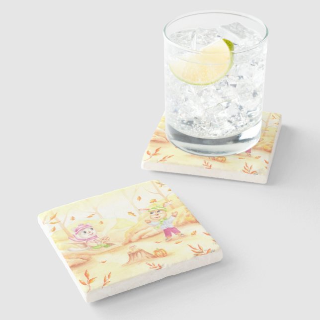 Söt höstpromenad i skogen stenunderlägg (Sidan)