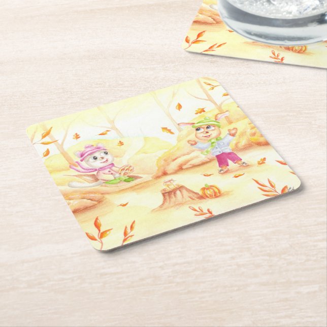 Söt höstpromenad i skogen underlägg papper kvadrat (Vinklad)