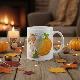 Söt hösträdgårdsälva med magisk pumpa kaffemugg