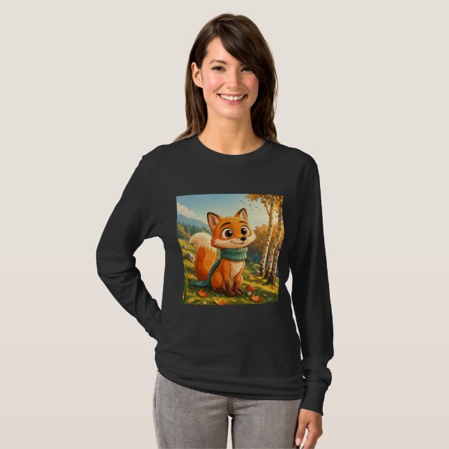 Söt höstrev med räv och halsduk Långärmad T Shirt (Hel framsida)