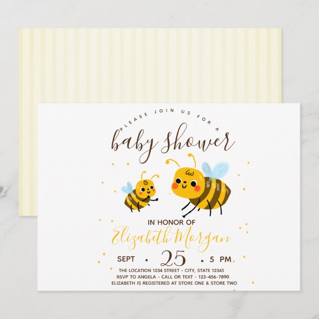 Söt Humla, Randig Baby Shower Inbjudningar (Fram/baksida)