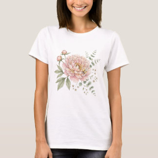 Söt humla & rosa peony akvarell botanisk t shirt