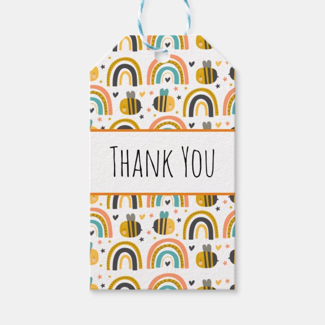 Söt humlebi- och regnbågsmönstrat tack presentetikett (Framsidan)