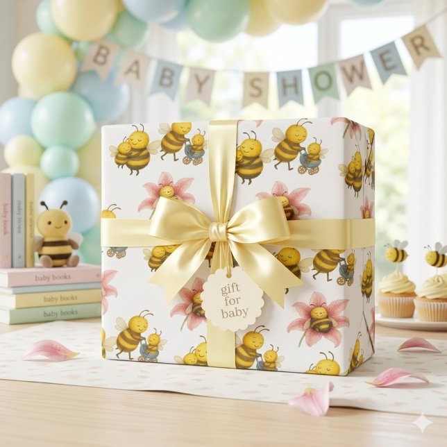 Söt humlebimamma & bebisböna  presentpapper (cute bumblebees wrapping paper for baby showers and mom to bee gifts )