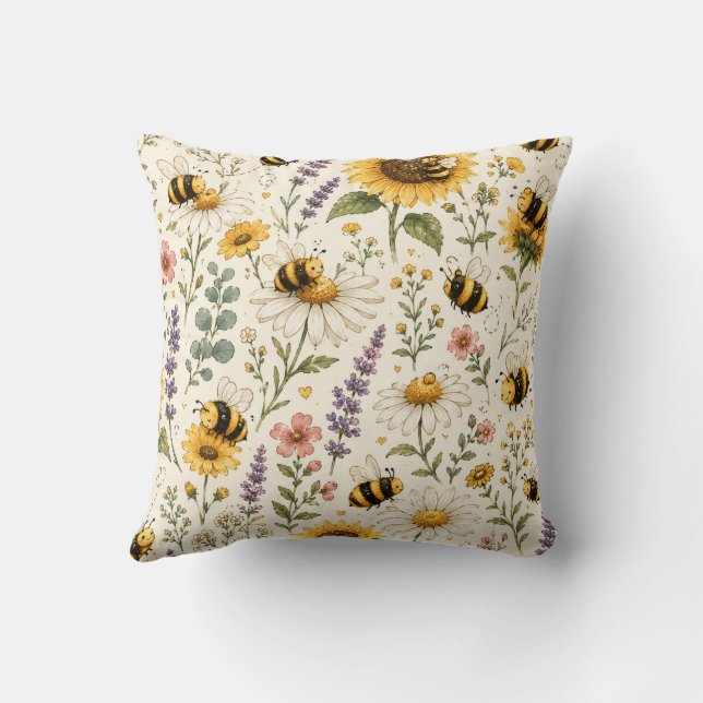 Söt humlebimottiv med vilda blommor kudde (Baksida)