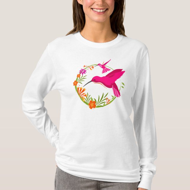 Söt Hummingbird and Flowers T Shirt (Framsida)