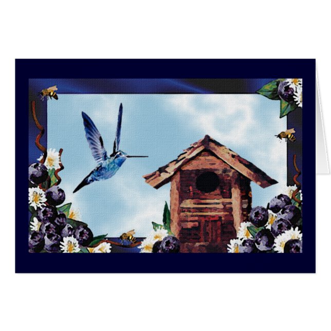 Söt Hummingbird, Birdhouse och Bluebär Hälsningskort (Framsidan Horizontal)