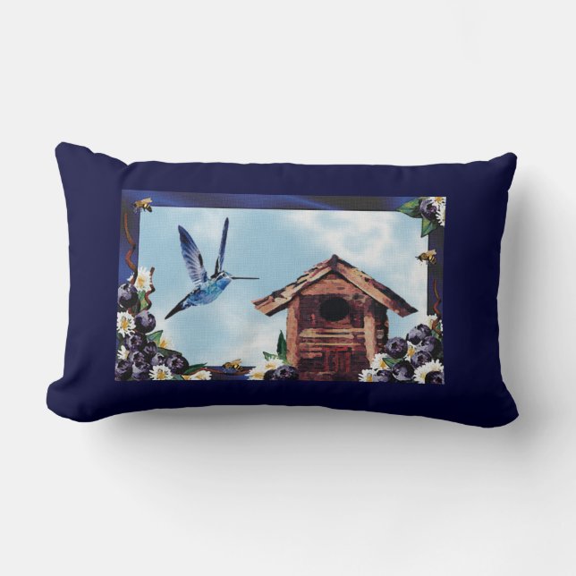 Söt Hummingbird, Birdhouse och Bluebär Lumbarkudde (Framsida)