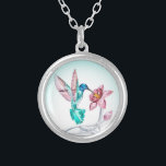 Söt Hummingbird och blommiga kristallutskrifter Silverpläterat Halsband<br><div class="desc">Elegantens hummingbird- och blomdesign.</div>