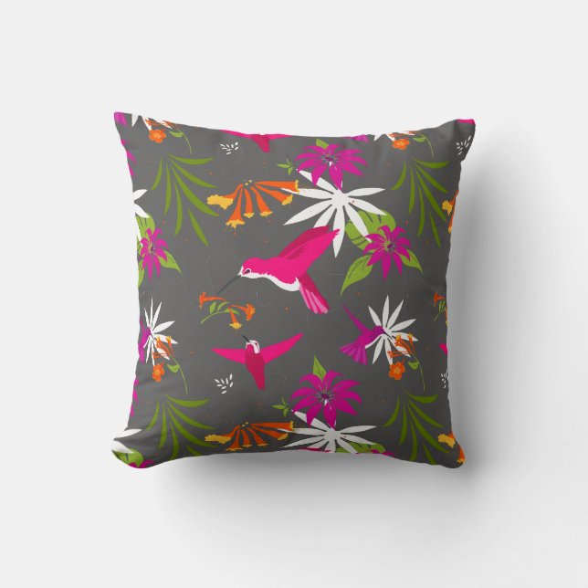 Söt Hummingbird Tropical Flowers och Handflatan Kudde (Framsida)