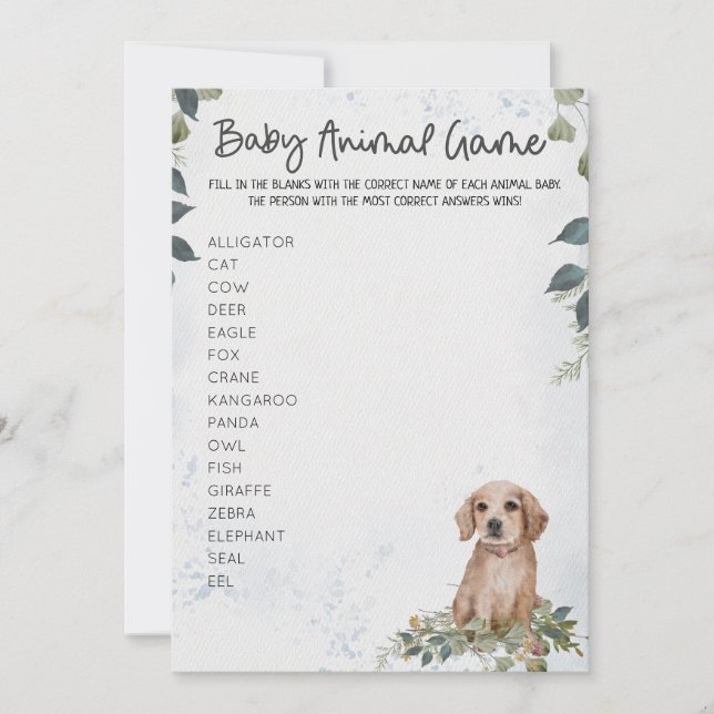 Söt hund baby shower djur spel inbjudningar (Framsida)