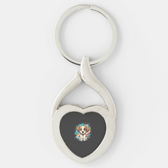 Söt hund färgsprut vektorkonst_1 twisted heart silverfärgad nyckelring (Framsidan)
