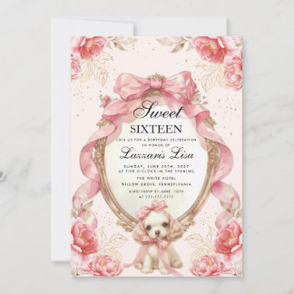 Söt Hund Fest Blommig Födelsedag Sweet Sixteen Inbjudningar