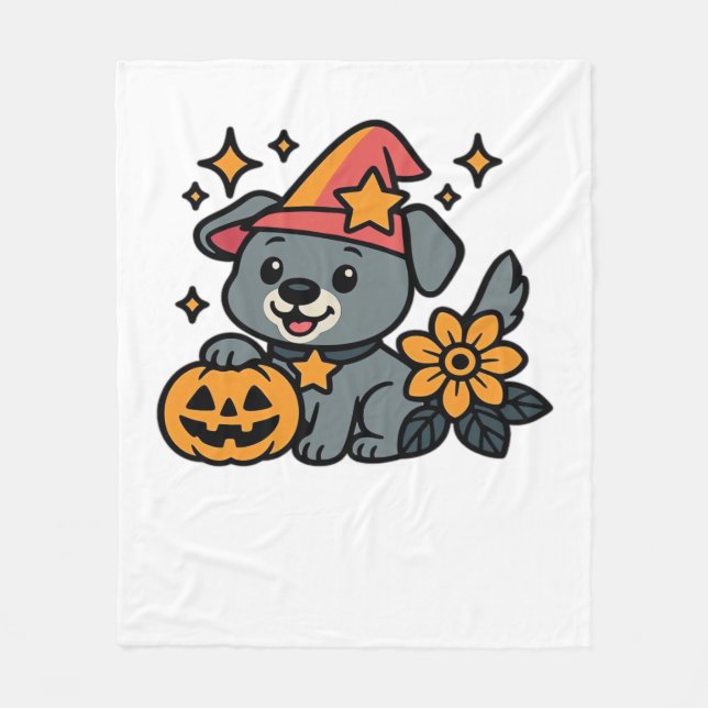 Söt Hund Häxa hatt Pumpa Kul Halloween Överstorlek Fleecefilt (Framsidan)
