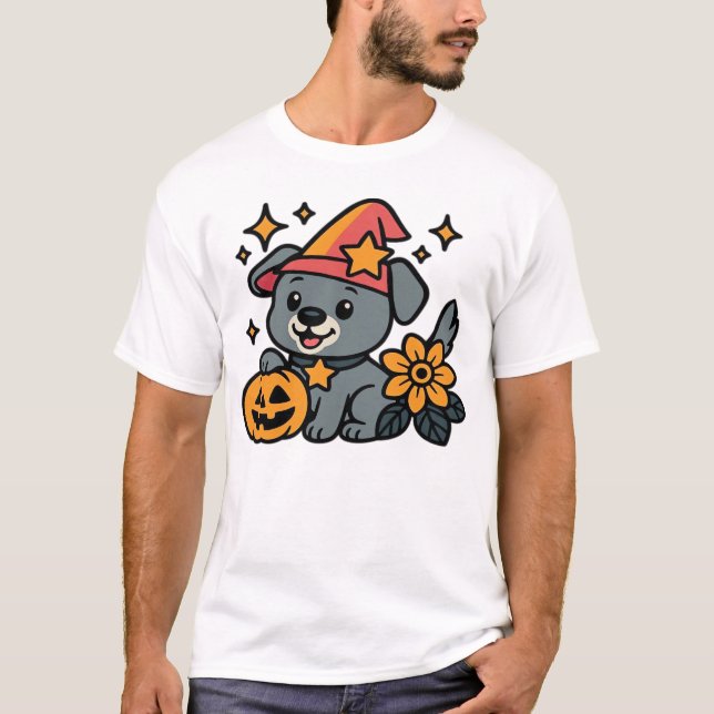 Söt Hund Häxa hatt Pumpa Kul Halloween Överstorlek T Shirt (Framsida)