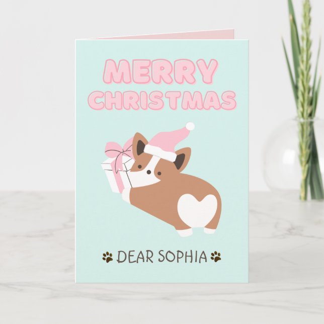 Söt hund i hatt och present Glad jul Pastell  Kort (Framsida)