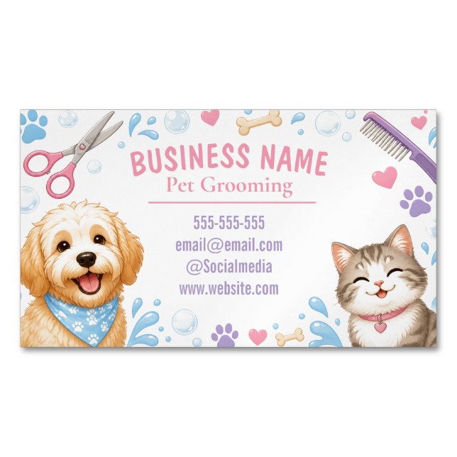 Söt hund & katt Groomer Kampanj  Magnetiska Visitkort (Framsida)
