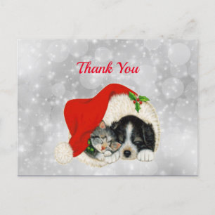 Söt hund katt jultomte mössa jul tack vykort