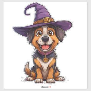 Söt Hund Lila Trollkarlshatt Halloween Present Klistermärken