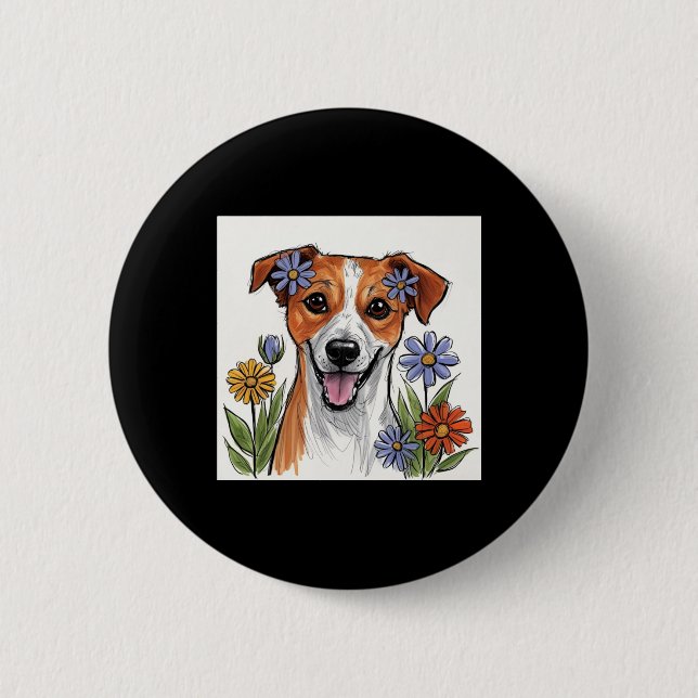 Söt hund med blommor2  knapp (Framsida)