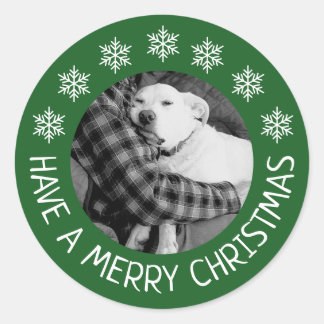 Söt hund med pappa foto God Jul Grön Runt Klistermärke