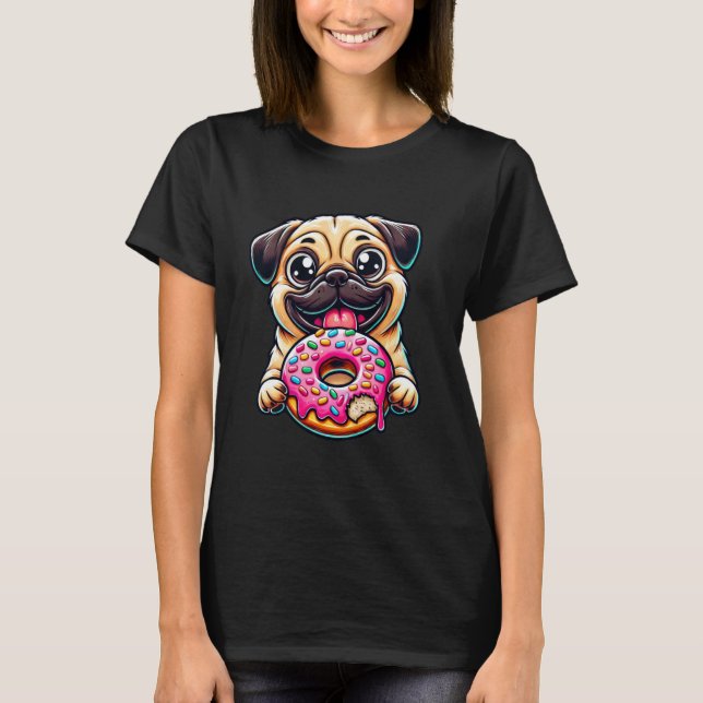 Söt hund Mops som äter Donut T Shirt (Framsida)
