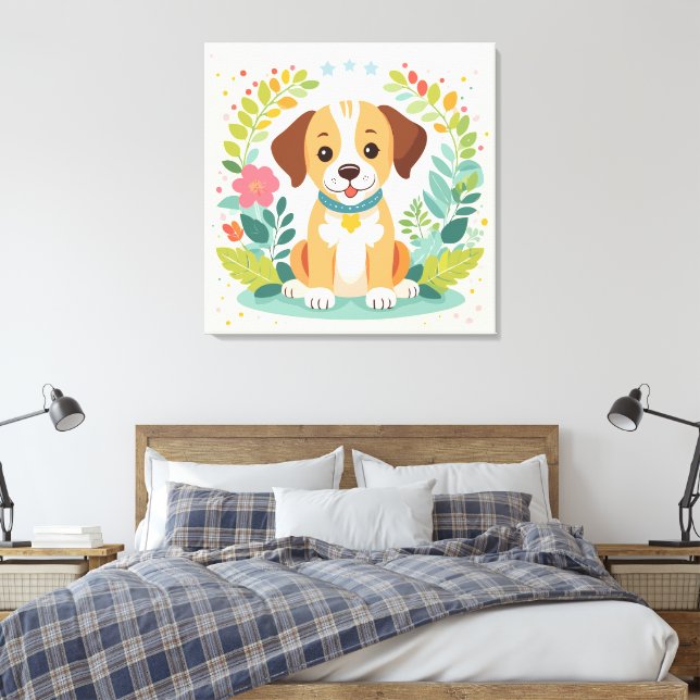 Söt Hund Och Färgrika Blommor Barn Canvastryck (Insitu (sovrum))