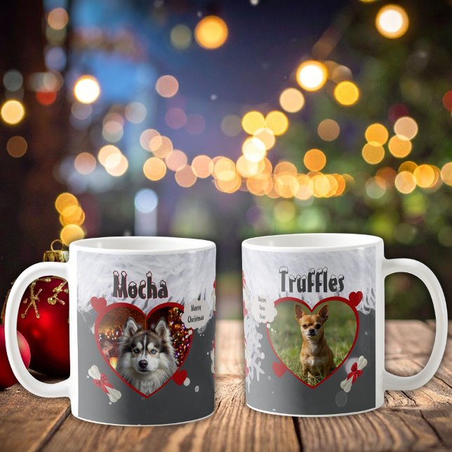 Söt hund och kaffefanatiker 2 Foto Jul Kaffemugg (Cute dog lovers 2 photo template gift personalized Christmas mugs with names and holiday bones)