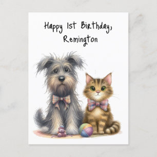 Söt hund och katt Glad 1-årsdag Personlig Vykort