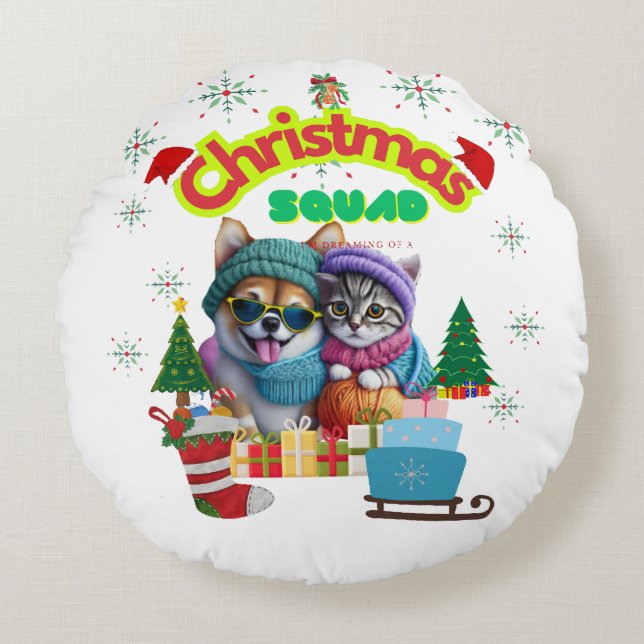Söt hund och katt jul squad design  rund kudde (Framsidan)