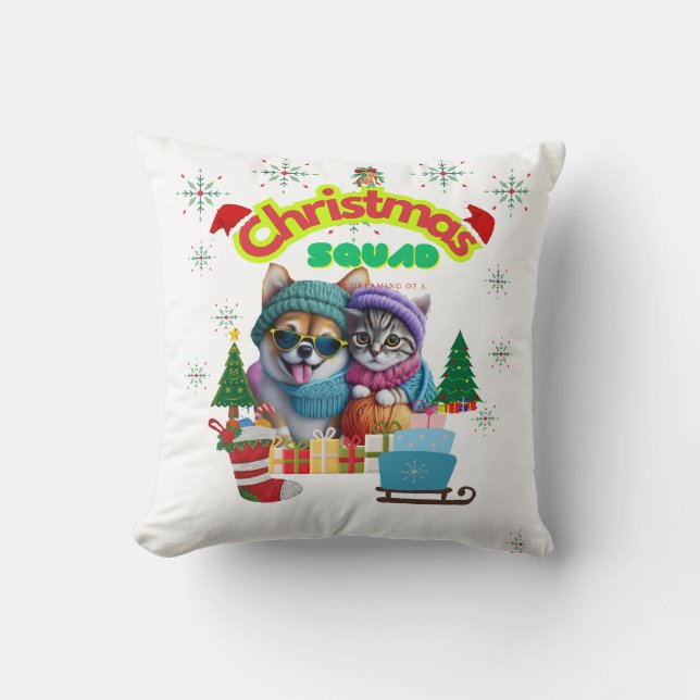 Söt hund och katt jul trupp design  kudde (Framsida)