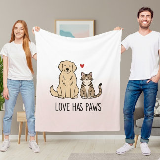 Söt hund och katt "Kärlek har tass" Personlig flee Fleecefilt