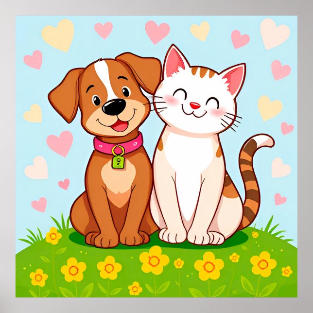 Söt Hund och Katt Tecknade Husdjur Väggdekor Prese Poster (Framsidan)