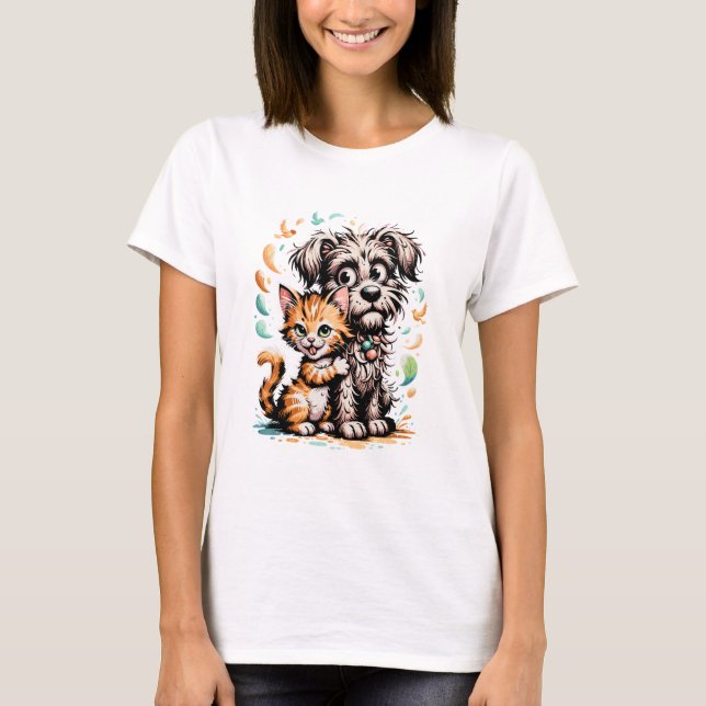 Söt hund- och kattvänskapssajtkartongdesign t shirt (Framsida)