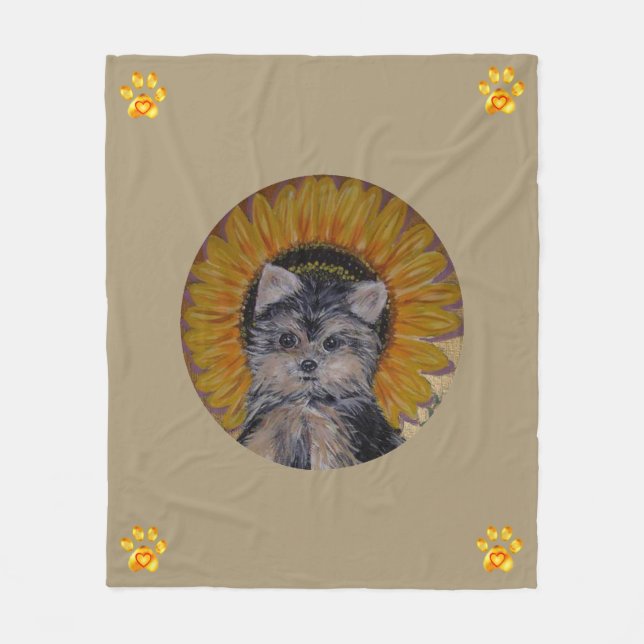 Söt hund, solros och guldklor filt av fleece (Framsidan)